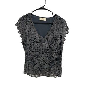 Kroshetta By Papillon Gray Crochet Lace V-Neck Sleeveless Top Size L Summer Boho